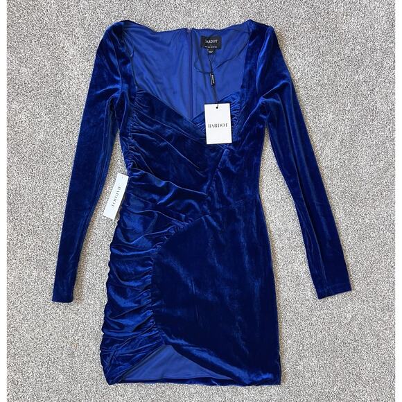 Bardot Xena Ruched Blue Velvet Mini Dress Size S US 4 Womens NWT Stretch Holiday - Picture 2 of 7